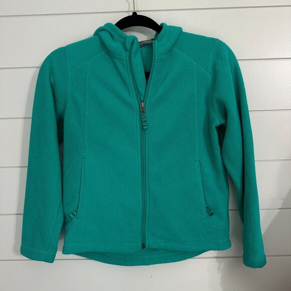 LL Bean Girls Large 14-16 Full Zip Fleece Jacket Hood Blue Green Outdoors Warm - Picture 1 of 3